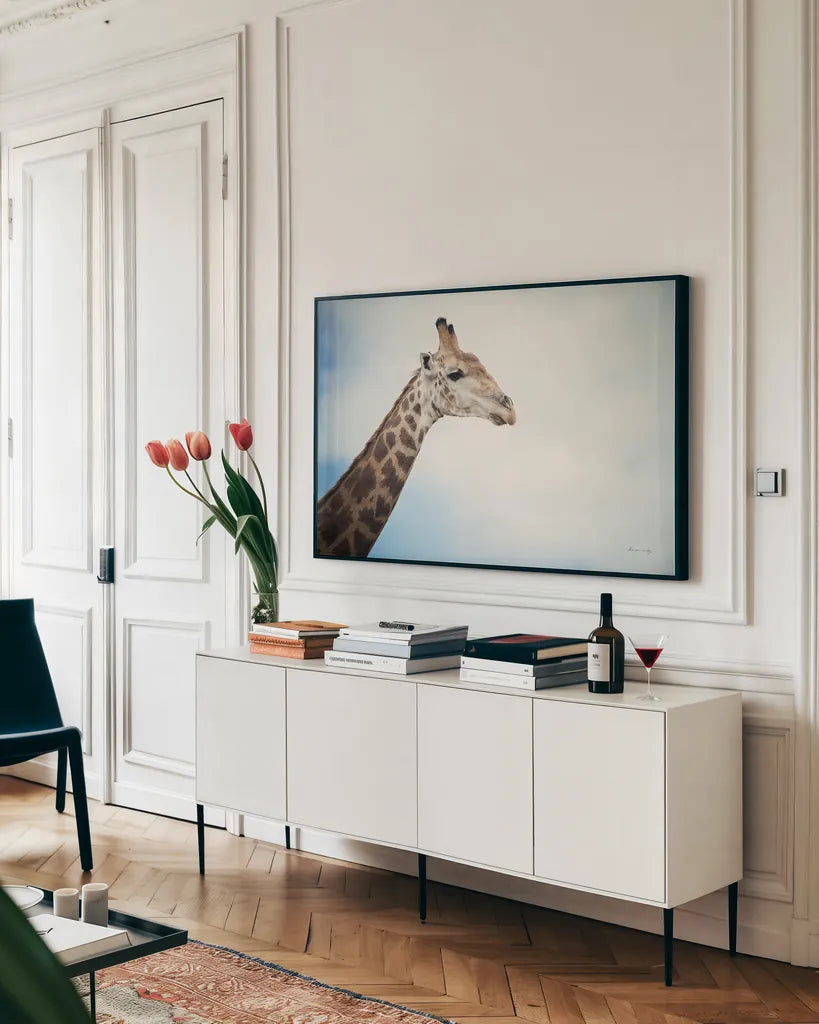 Head in the Clouds by Sharon Vardy. shown as a framed stretched canvas in a living room above a console. Available as a archival giclee rolled canvas, fine art paper, or poster print. SKU 92662i.