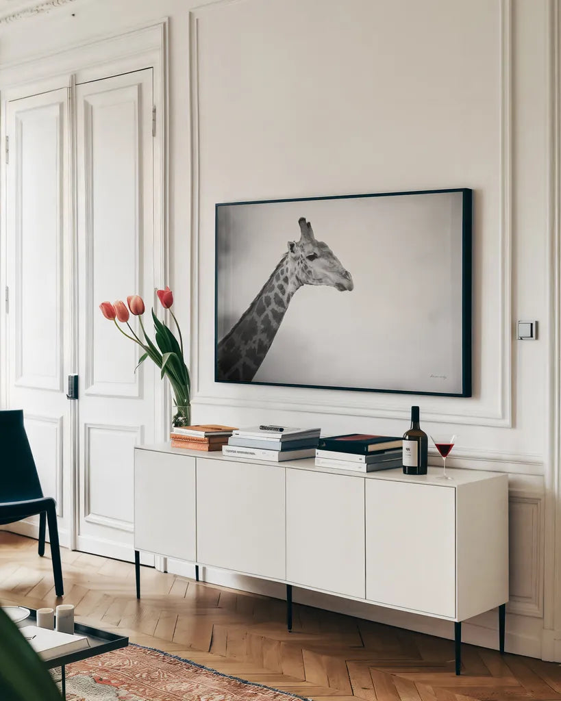 Head in the Clouds BW by Sharon Vardy. shown as a framed stretched canvas in a living room above a console. Available as a archival giclee rolled canvas, fine art paper, or poster print. SKU 92663i.