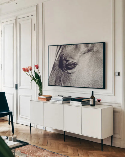 Horse Eye II by Sharon Vardy. shown as a framed stretched canvas in a living room above a console. Available as a archival giclee rolled canvas, fine art paper, or poster print. SKU 91995i.