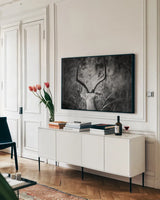 Impala Ram Horns by Sharon Vardy. shown as a framed stretched canvas in a living room above a console. Available as a archival giclee rolled canvas, fine art paper, or poster print. SKU 93124i.