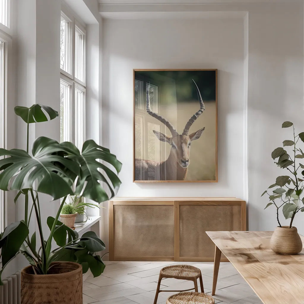 Impala Ram I by Sharon Vardy. shown as a print in a natural wood frame in a dining room. Available as a archival giclee rolled canvas, fine art paper, or poster print. SKU 93125h.