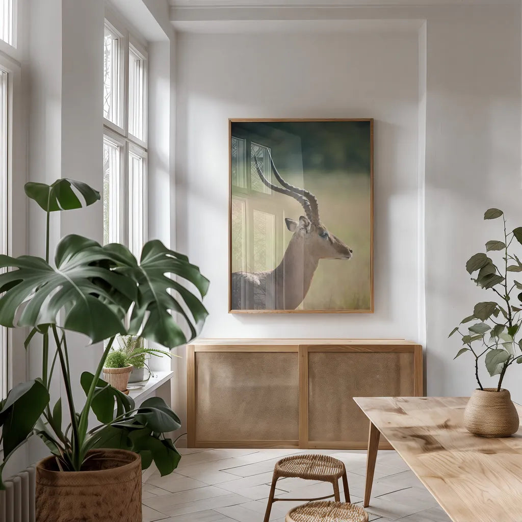 Impala Ram II by Sharon Vardy. shown as a print in a natural wood frame in a dining room. Available as a archival giclee rolled canvas, fine art paper, or poster print. SKU 93126h.