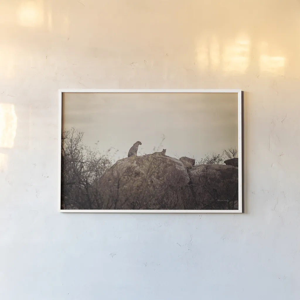 Leopard and Cub by Sharon Vardy. shown as a paper print in a white frame. Available as a archival giclee rolled canvas, fine art paper, or poster print. SKU 92423i.