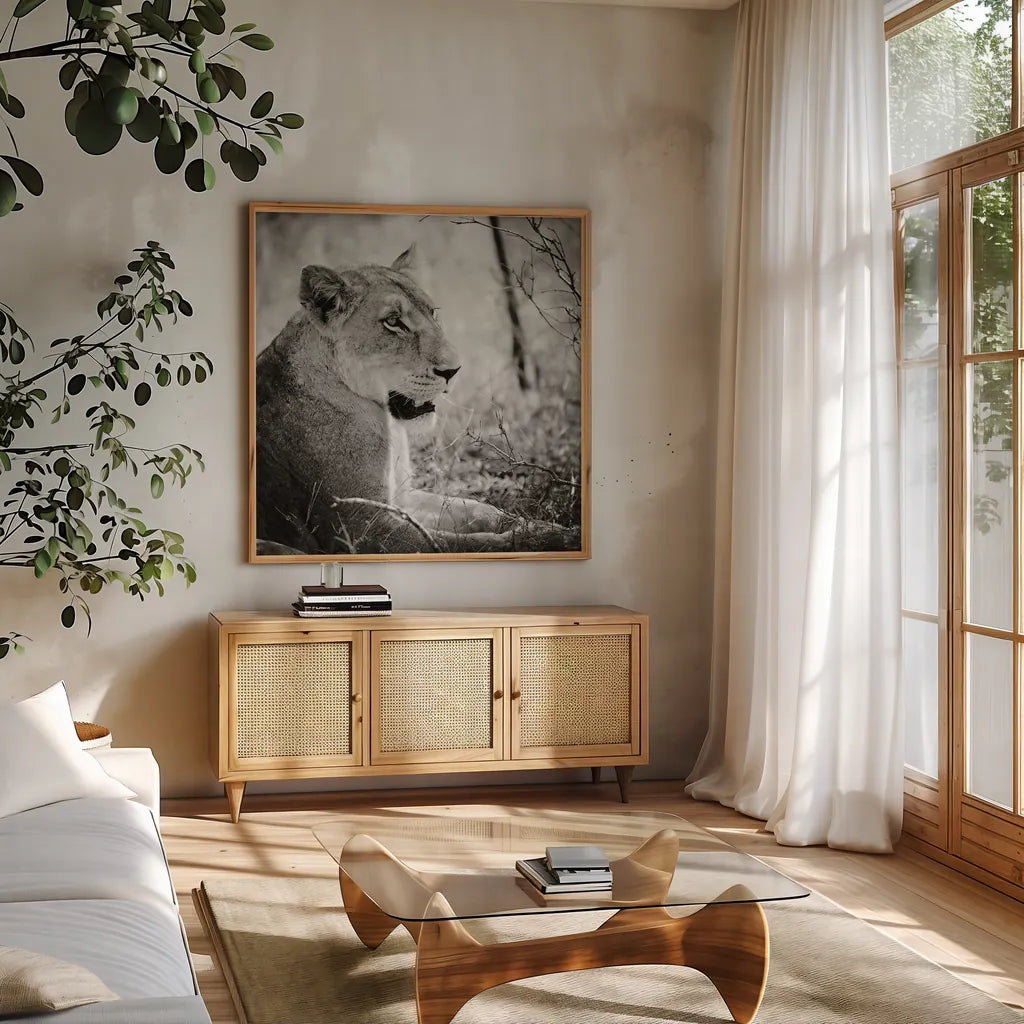Lioness Square BW by Sharon Vardy. Shown in a natural wood frame in a cozy modern living room. Available as an archival giclee rolled canvas, fine art paper, or poster print. SKU 99886a.