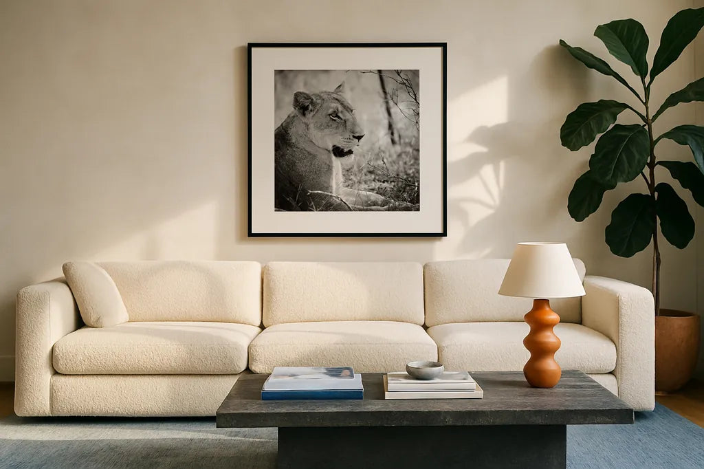 Lioness Square BW by Sharon Vardy. Displayed in a glass frame with matte in a clean modern living room. Available as an archival giclee rolled canvas, fine art paper, or poster print. SKU 99886a.