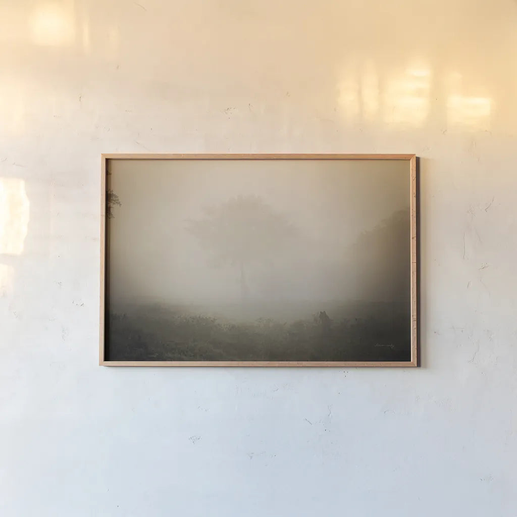 Misty Lions by Sharon Vardy. shown as a paper print in a natural frame. Available as a archival giclee rolled canvas, fine art paper, or poster print. SKU 92670i.