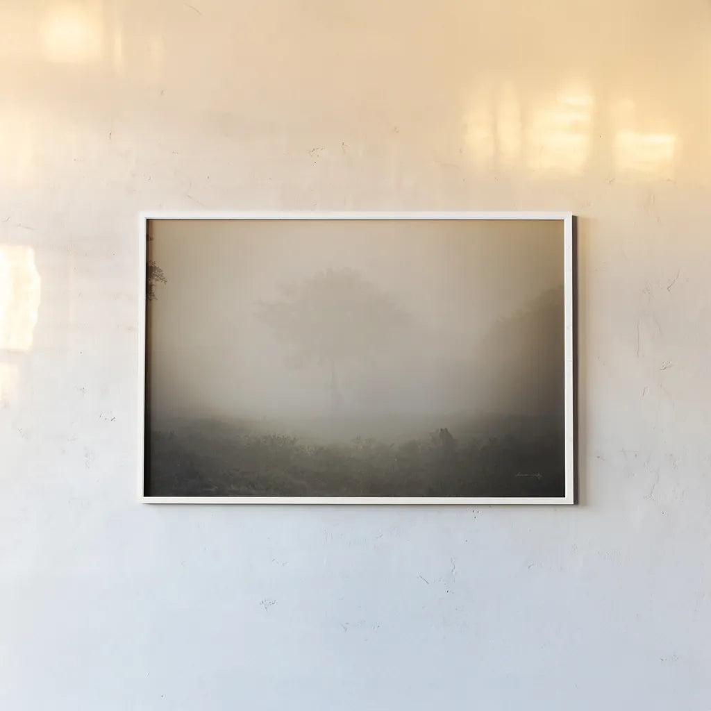 Misty Lions by Sharon Vardy. shown as a paper print in a white frame. Available as a archival giclee rolled canvas, fine art paper, or poster print. SKU 92670i.