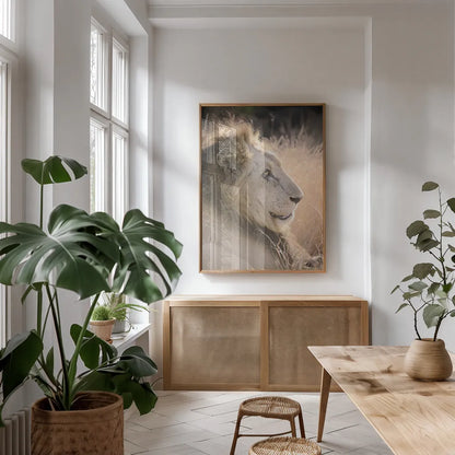 Old Lion by Sharon Vardy. shown as a print in a natural wood frame in a dining room. Available as a archival giclee rolled canvas, fine art paper, or poster print. SKU 92424h.