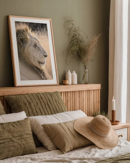 Old Lion by Sharon Vardy. shown as a paper print in a natural frame. Available as a archival giclee rolled canvas, fine art paper, or poster print. SKU 92424h.