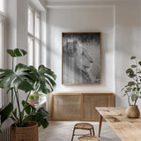 Old Lion BW by Sharon Vardy. shown as a print in a natural wood frame in a dining room. Available as a archival giclee rolled canvas, fine art paper, or poster print. SKU 92425h.