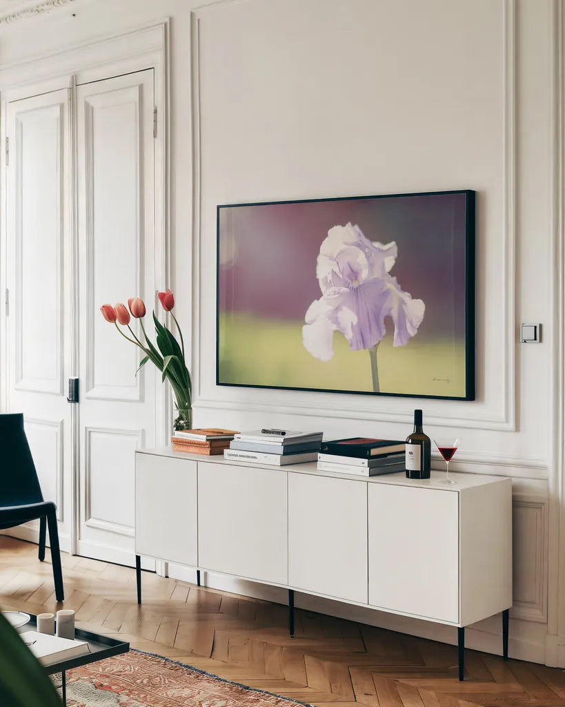 Purple Iris by Sharon Vardy. shown as a framed stretched canvas in a living room above a console. Available as a archival giclee rolled canvas, fine art paper, or poster print. SKU 93129i.