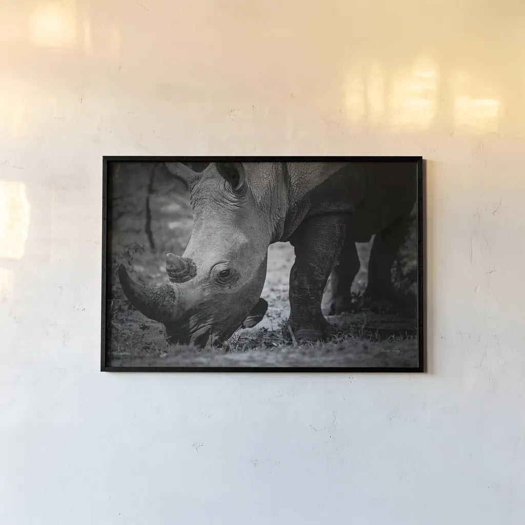 Rhino by Sharon Vardy. shown as a paper print in a black flame. Available as a archival giclee rolled canvas, fine art paper, or poster print. SKU 92260i.