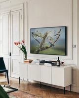 Roller by Sharon Vardy. shown as a framed stretched canvas in a living room above a console. Available as a archival giclee rolled canvas, fine art paper, or poster print. SKU 92674i.
