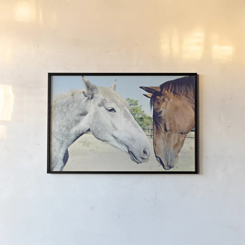Two Horses by Sharon Vardy. shown as a paper print in a black flame. Available as a archival giclee rolled canvas, fine art paper, or poster print. SKU 92184i.