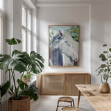 White Horse by Sharon Vardy. shown as a print in a natural wood frame in a dining room. Available as a archival giclee rolled canvas, fine art paper, or poster print. SKU 92188h.