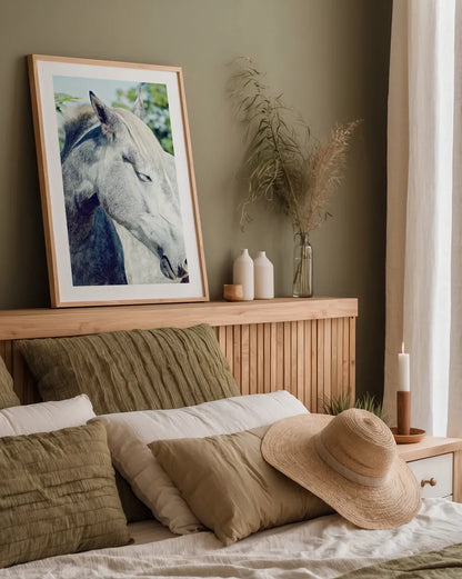 White Horse by Sharon Vardy. shown as a paper print in a natural frame. Available as a archival giclee rolled canvas, fine art paper, or poster print. SKU 92188h.