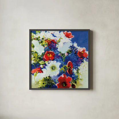 4th of July by Shirley Novak. Shown in a sleek black glass frame for a contemporary gallery look. Available as an archival giclee rolled canvas, fine art paper, or poster print. SKU 91262a.
