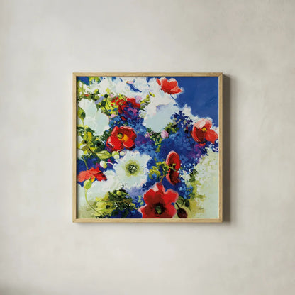 4th of July by Shirley Novak. Shown in a natural wood glass frame for a timeless modern aesthetic. Available as an archival giclee rolled canvas, fine art paper, or poster print. SKU 91262a.