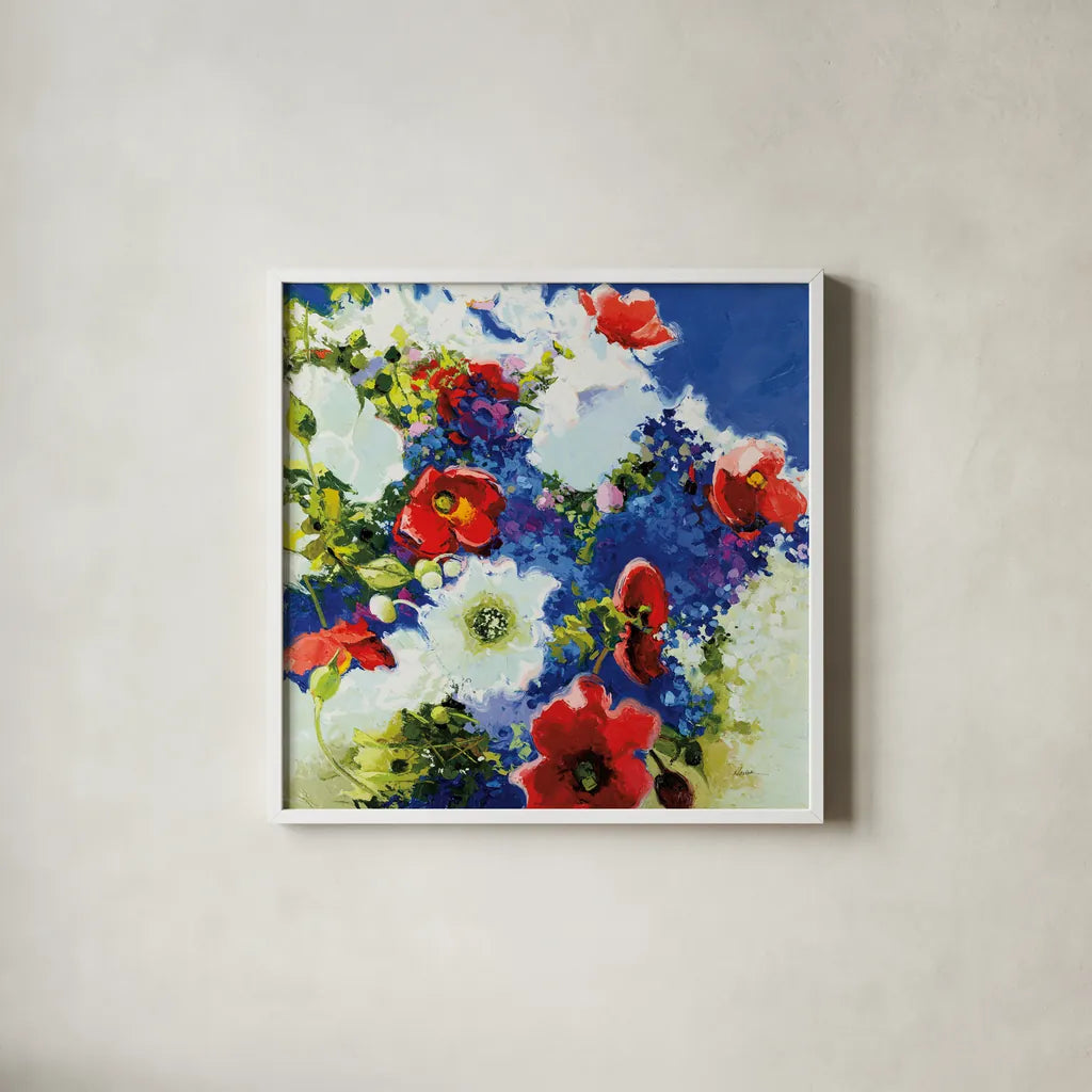 4th of July by Shirley Novak. Shown in a crisp white glass frame for a clean and minimalist style. Available as an archival giclee rolled canvas, fine art paper, or poster print. SKU 91262a.