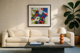 4th of July by Shirley Novak. Displayed in a glass frame with matte in a clean modern living room. Available as an archival giclee rolled canvas, fine art paper, or poster print. SKU 91262a.