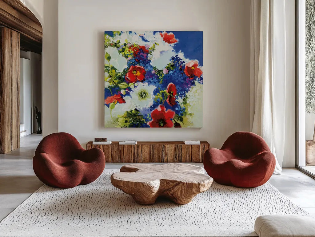 4th of July by Shirley Novak. Shown as extra-large giant wall art in a modern living room. Available as an archival giclee rolled canvas, fine art paper, or poster print. SKU 91262a.