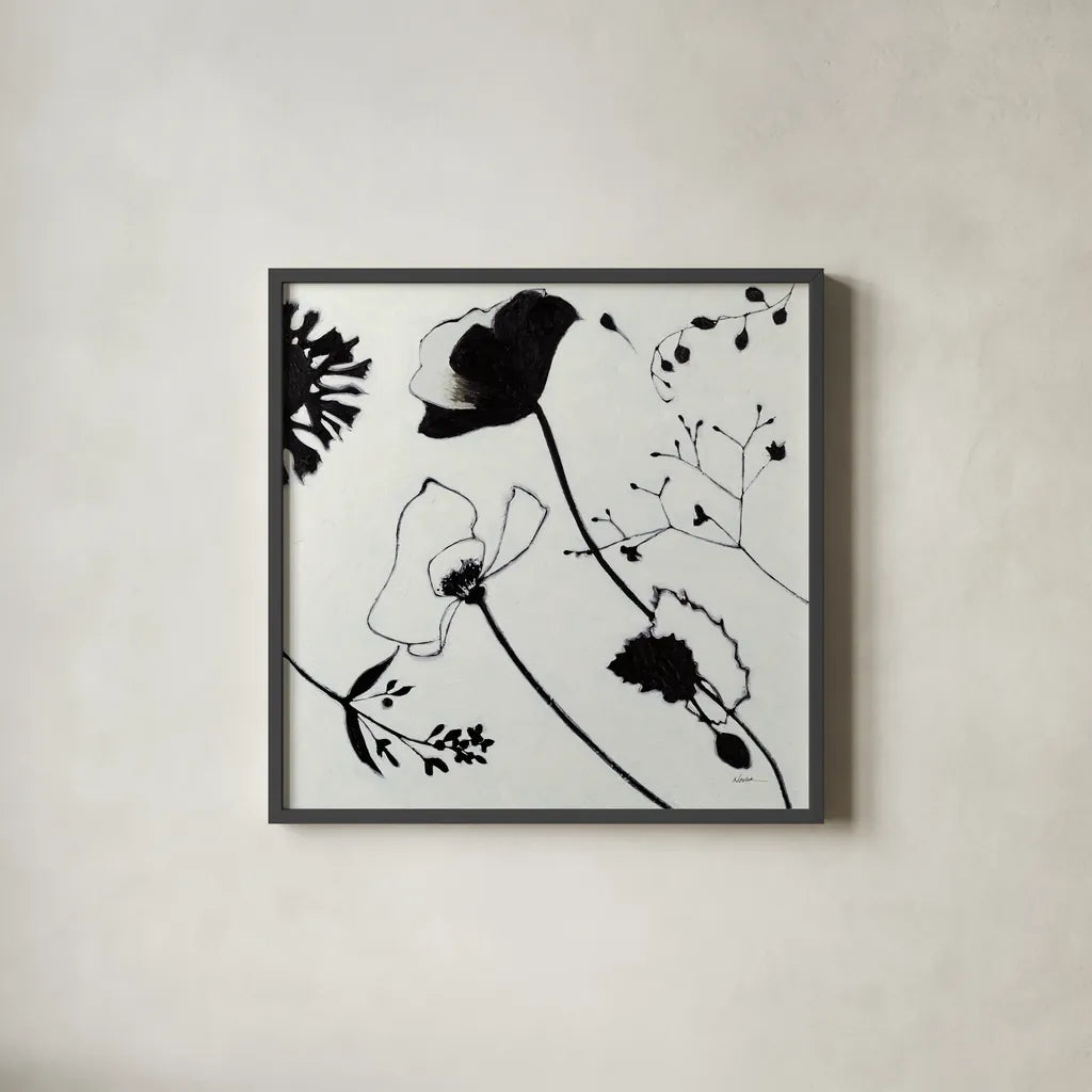 Abstract Garden I by Shirley Novak. Shown in a sleek black glass frame for a contemporary gallery look. Available as an archival giclee rolled canvas, fine art paper, or poster print. SKU 89177a.