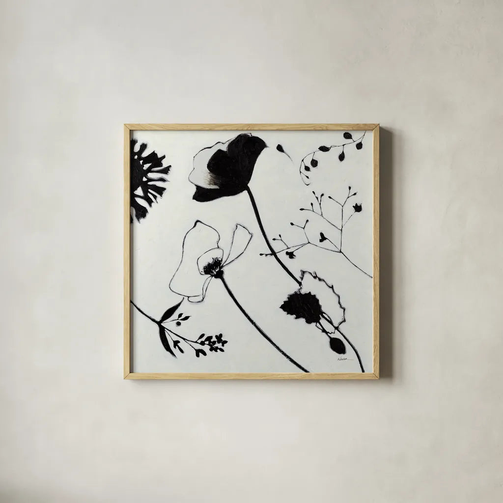 Abstract Garden I by Shirley Novak. Shown in a natural wood glass frame for a timeless modern aesthetic. Available as an archival giclee rolled canvas, fine art paper, or poster print. SKU 89177a.