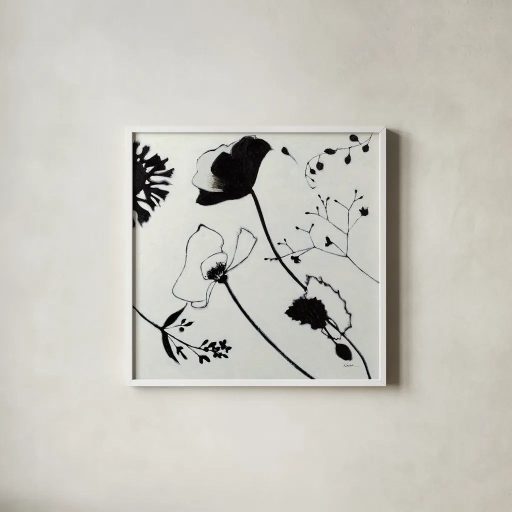 Abstract Garden I by Shirley Novak. Shown in a crisp white glass frame for a clean and minimalist style. Available as an archival giclee rolled canvas, fine art paper, or poster print. SKU 89177a.