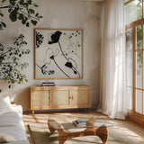 Abstract Garden I by Shirley Novak. Shown in a natural wood frame in a cozy modern living room. Available as an archival giclee rolled canvas, fine art paper, or poster print. SKU 89177a.