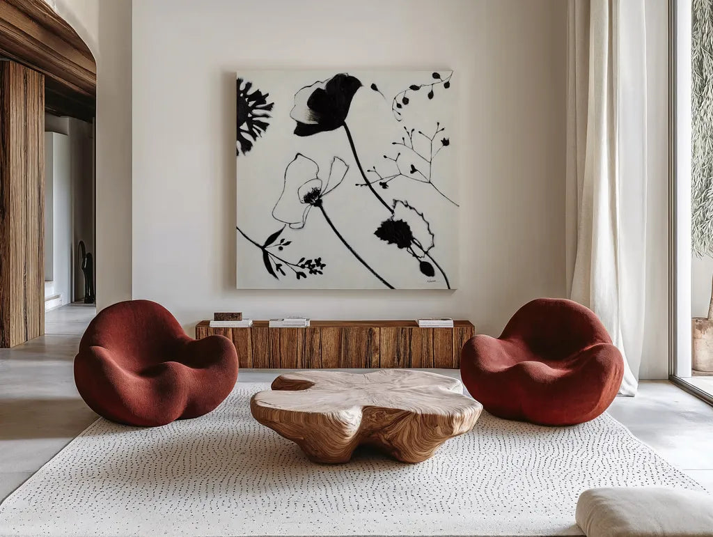 Abstract Garden I by Shirley Novak. Shown as extra-large giant wall art in a modern living room. Available as an archival giclee rolled canvas, fine art paper, or poster print. SKU 89177a.