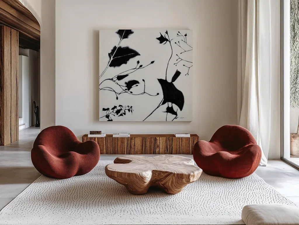 Abstract Garden II by Shirley Novak. Shown as extra-large giant wall art in a modern living room. Available as an archival giclee rolled canvas, fine art paper, or poster print. SKU 89178a.