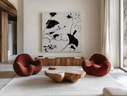 Abstract Garden II by Shirley Novak. Shown as extra-large giant wall art in a modern living room. Available as an archival giclee rolled canvas, fine art paper, or poster print. SKU 89178a.