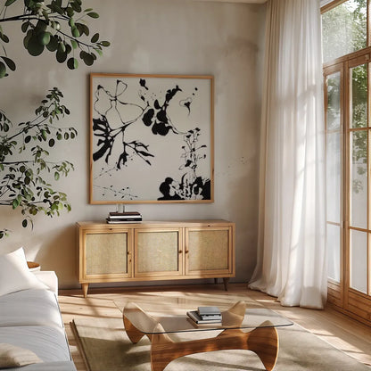 Abstract Garden III by Shirley Novak. Shown in a natural wood frame in a cozy modern living room. Available as an archival giclee rolled canvas, fine art paper, or poster print. SKU 89179a.