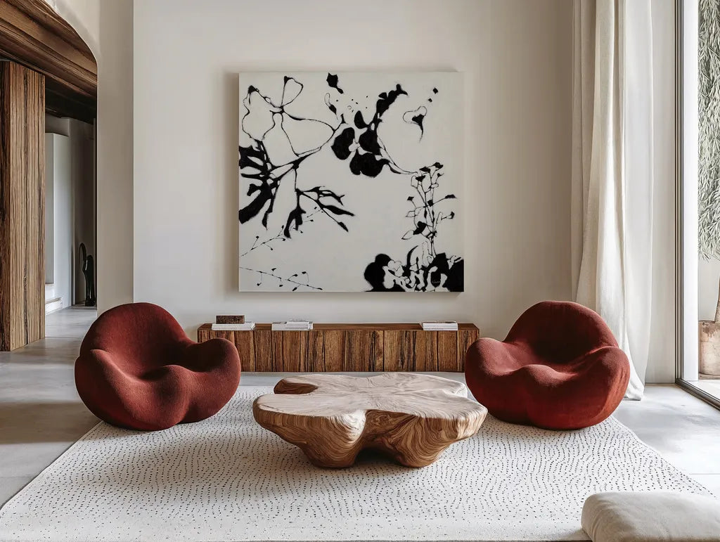 Abstract Garden III by Shirley Novak. Shown as extra-large giant wall art in a modern living room. Available as an archival giclee rolled canvas, fine art paper, or poster print. SKU 89179a.