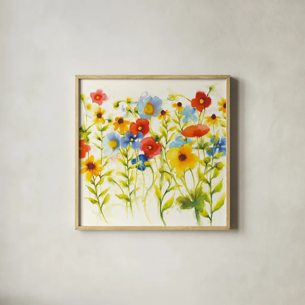 Americana Meadow I by Shirley Novak. Shown in a natural wood glass frame for a timeless modern aesthetic. Available as an archival giclee rolled canvas, fine art paper, or poster print. SKU 29133a.