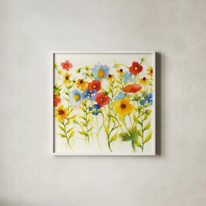 Americana Meadow I by Shirley Novak. Shown in a crisp white glass frame for a clean and minimalist style. Available as an archival giclee rolled canvas, fine art paper, or poster print. SKU 29133a.