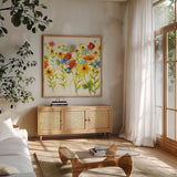 Americana Meadow I by Shirley Novak. Shown in a natural wood frame in a cozy modern living room. Available as an archival giclee rolled canvas, fine art paper, or poster print. SKU 29133a.