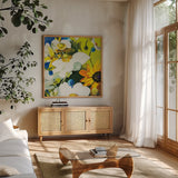 Anemones Basically by Shirley Novak. Shown in a natural wood frame in a cozy modern living room. Available as an archival giclee rolled canvas, fine art paper, or poster print. SKU 91149a.