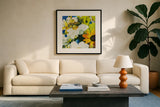 Anemones Basically by Shirley Novak. Displayed in a glass frame with matte in a clean modern living room. Available as an archival giclee rolled canvas, fine art paper, or poster print. SKU 91149a.