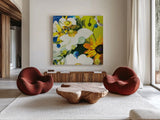 Anemones Basically by Shirley Novak. Shown as extra-large giant wall art in a modern living room. Available as an archival giclee rolled canvas, fine art paper, or poster print. SKU 91149a.