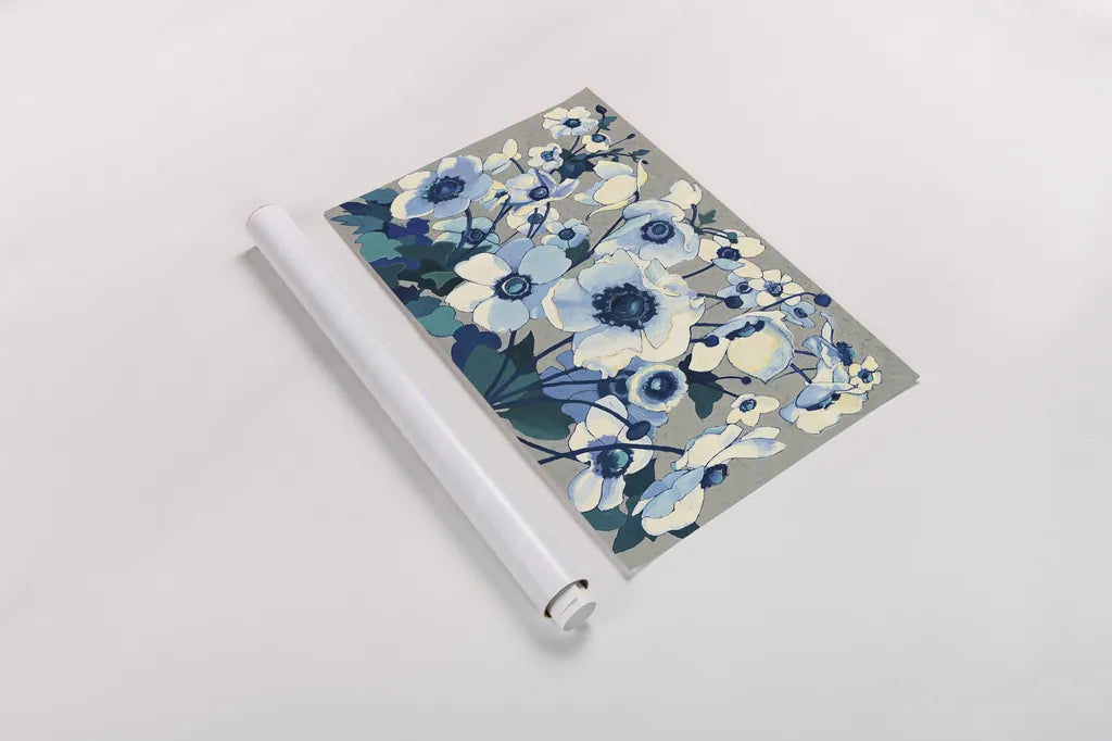 Anemones Japonaises I by Shirley Novak. shown as a rolled paper print. Available as archival giclee rolled canvas, fine art paper, or poster print. SKU 23011i.