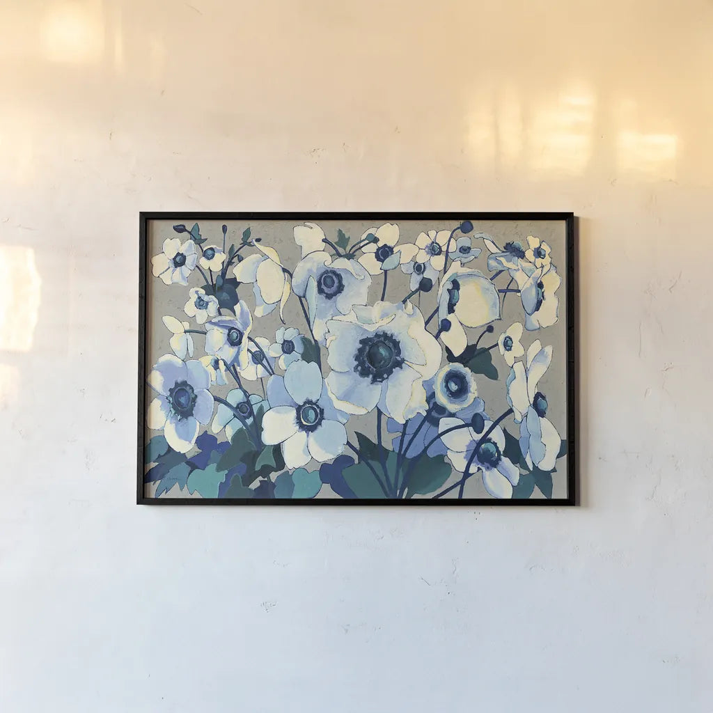 Anemones Japonaises I by Shirley Novak. shown as a paper print in a black flame. Available as a archival giclee rolled canvas, fine art paper, or poster print. SKU 23011i.