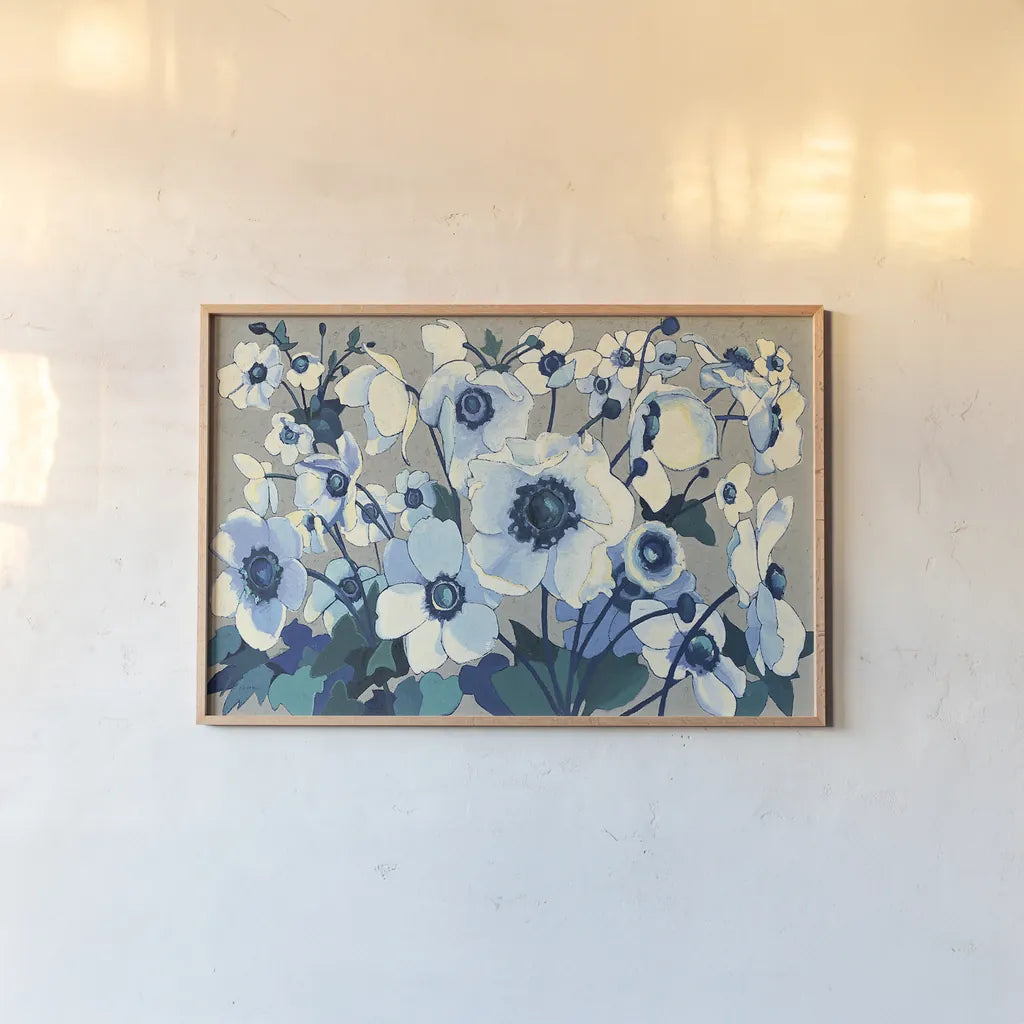 Anemones Japonaises I by Shirley Novak. shown as a paper print in a natural frame. Available as a archival giclee rolled canvas, fine art paper, or poster print. SKU 23011i.
