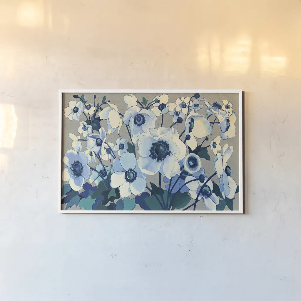 Anemones Japonaises I by Shirley Novak. shown as a paper print in a white frame. Available as a archival giclee rolled canvas, fine art paper, or poster print. SKU 23011i.