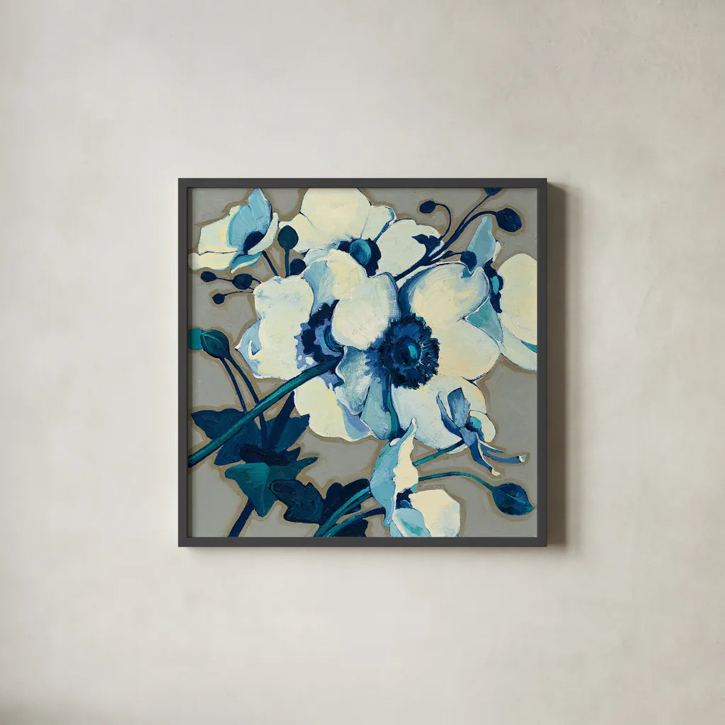 Anemones Japonaises II by Shirley Novak. Shown in a sleek black glass frame for a contemporary gallery look. Available as an archival giclee rolled canvas, fine art paper, or poster print. SKU 23012a.