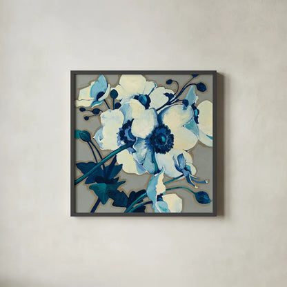 Anemones Japonaises II by Shirley Novak. Shown in a sleek black glass frame for a contemporary gallery look. Available as an archival giclee rolled canvas, fine art paper, or poster print. SKU 23012a.