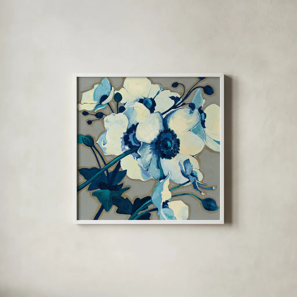 Anemones Japonaises II by Shirley Novak. Shown in a crisp white glass frame for a clean and minimalist style. Available as an archival giclee rolled canvas, fine art paper, or poster print. SKU 23012a.