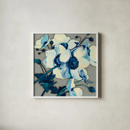 Anemones Japonaises II by Shirley Novak. Shown in a crisp white glass frame for a clean and minimalist style. Available as an archival giclee rolled canvas, fine art paper, or poster print. SKU 23012a.