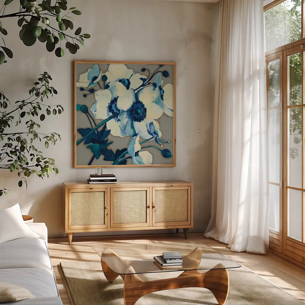 Anemones Japonaises II by Shirley Novak. Shown in a natural wood frame in a cozy modern living room. Available as an archival giclee rolled canvas, fine art paper, or poster print. SKU 23012a.