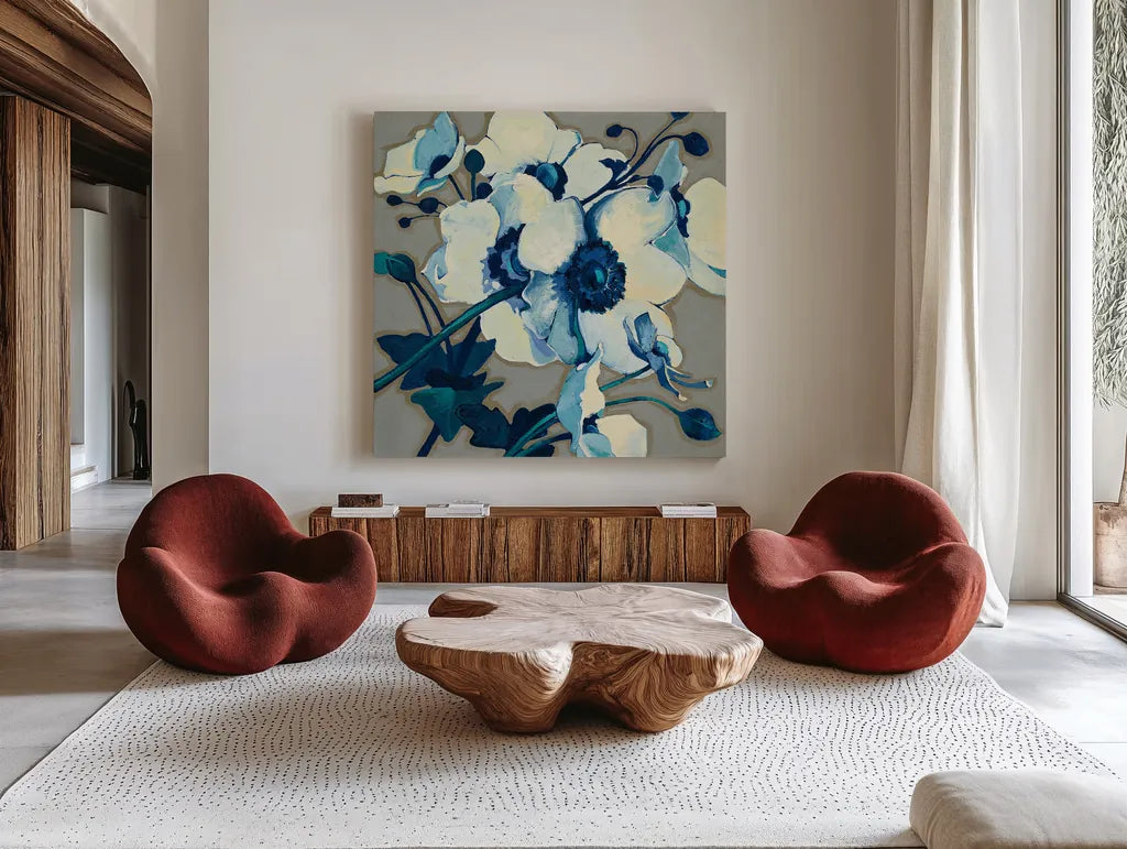 Anemones Japonaises II by Shirley Novak. Shown as extra-large giant wall art in a modern living room. Available as an archival giclee rolled canvas, fine art paper, or poster print. SKU 23012a.